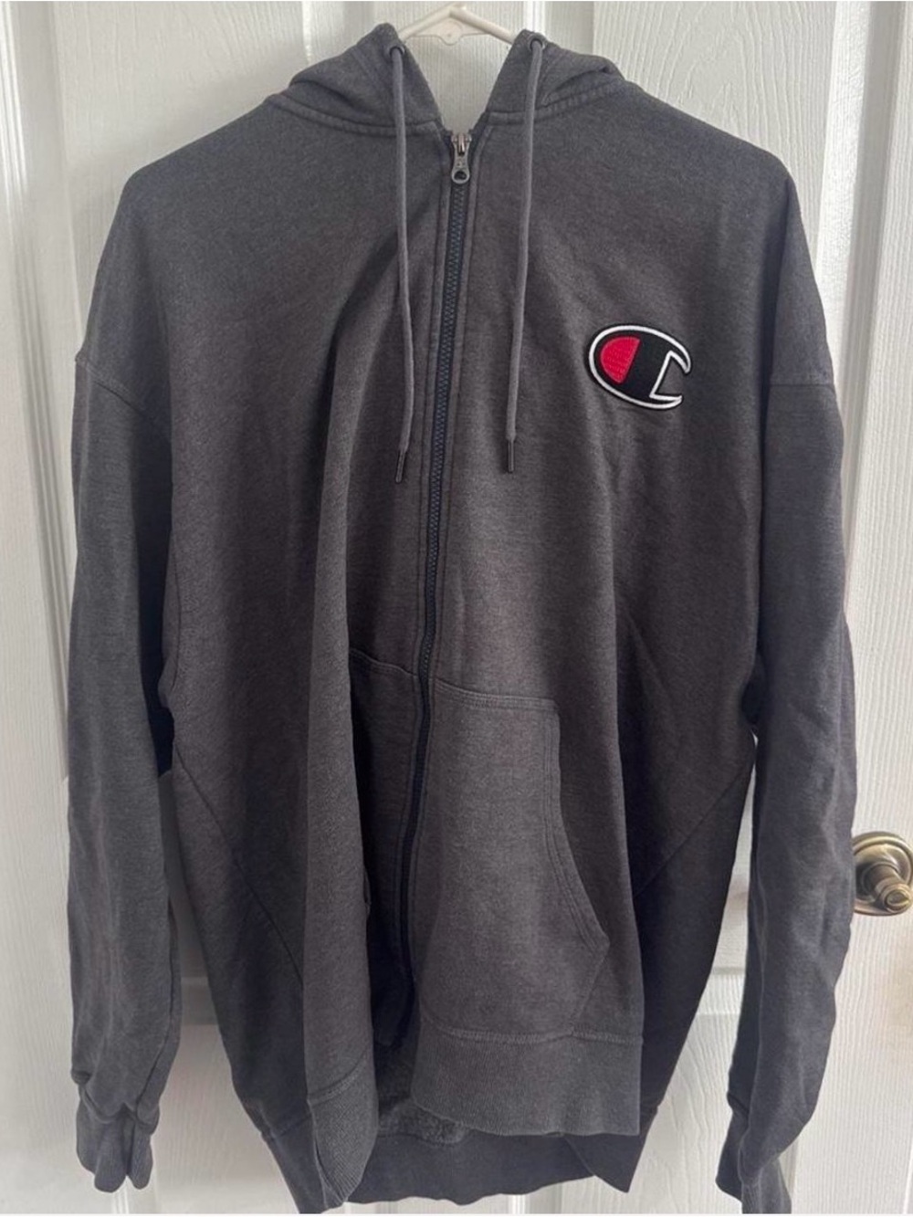 Champion Gray Hoodie with Blue and Red Logo Tag